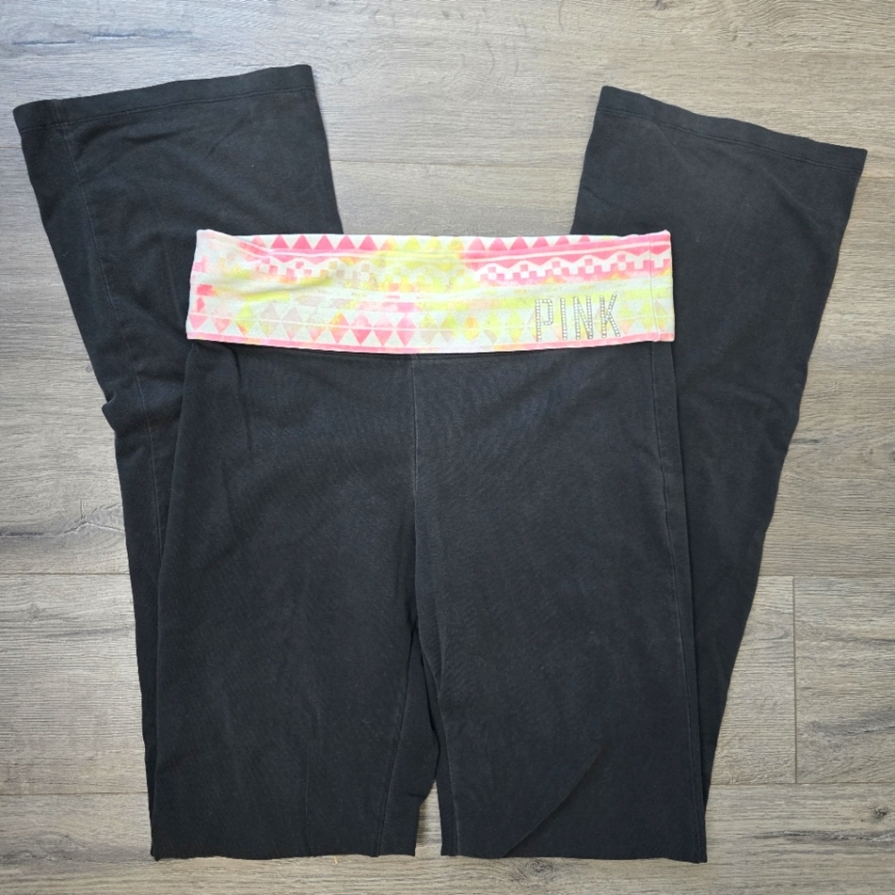 Victoria's Secret PINK Black Leggings with Pink & Yellow Tie-Dye Waistband